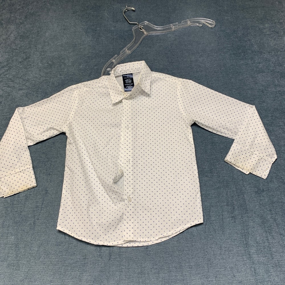 Nautica Shirt Boys 6 White Blue Geometric Cotton Long Sleeve Casual Button Up